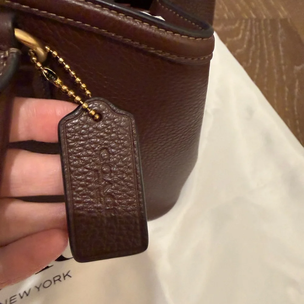 Coach Dark Brown Pebbled Leather Satchel with Gold Accent